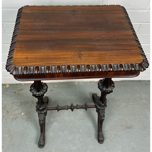 458 - A 19TH CENTURY ROSEWOOD SIDE TABLE WITH CARVED DOLPHIN SUPPORT LEGS

70cm h x 41cm w x 32.5cm d