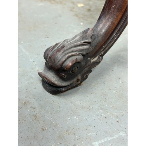 458 - A 19TH CENTURY ROSEWOOD SIDE TABLE WITH CARVED DOLPHIN SUPPORT LEGS

70cm h x 41cm w x 32.5cm d