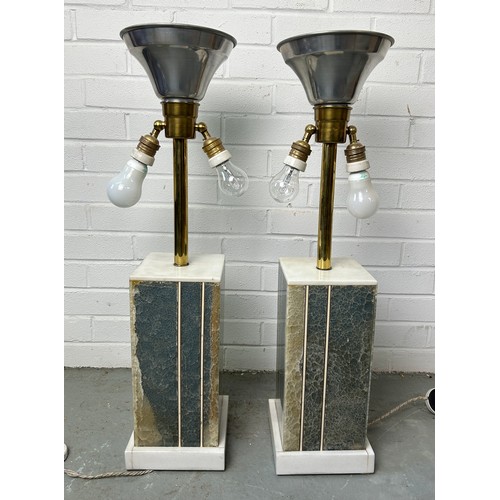 543 - A PAIR OF GREEN AND WHITE MARBLE TABLE LAMPS (2) 

Each with twin lamp. 

72cm H each.