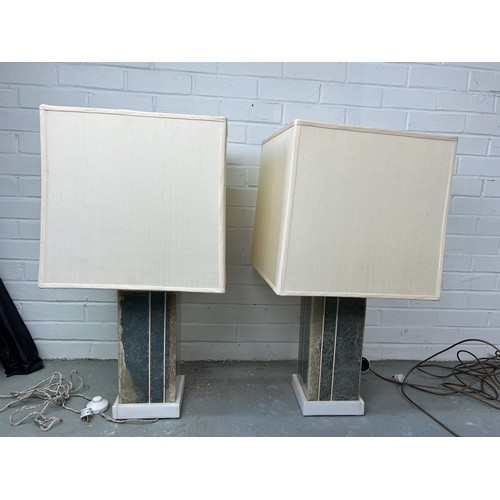 543 - A PAIR OF GREEN AND WHITE MARBLE TABLE LAMPS (2) 

Each with twin lamp. 

72cm H each.