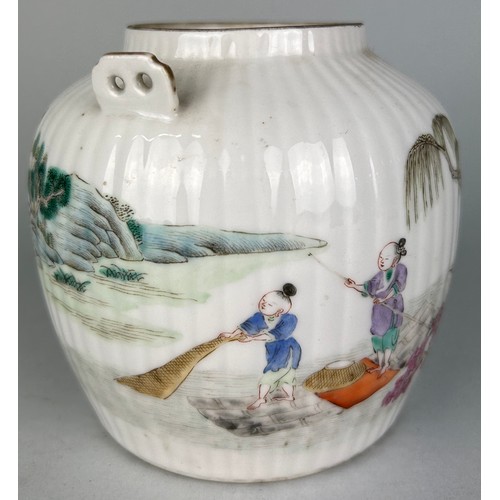 135 - A CHINESE PORCELAIN TEA POT TONGZHI PERIOD (1861-1875), 12.5cm h 

Decorated with with a rural fishi... 