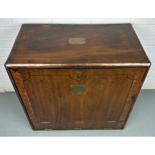 287 - A 19TH CENTURY CAMPAIGN OAK TABLETOP WRITING CABINET,

60cm x 60cm x 33cm 

The fall front opening t... 