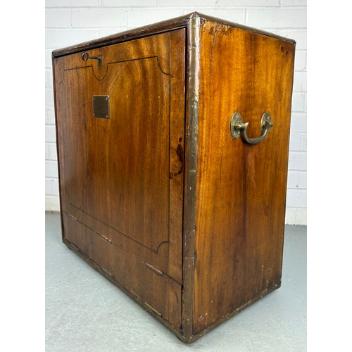 287 - A 19TH CENTURY CAMPAIGN OAK TABLETOP WRITING CABINET,

60cm x 60cm x 33cm 

The fall front opening t... 