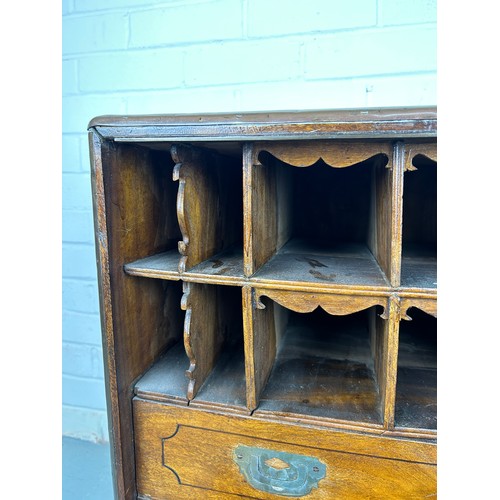 287 - A 19TH CENTURY CAMPAIGN OAK TABLETOP WRITING CABINET,

60cm x 60cm x 33cm 

The fall front opening t... 