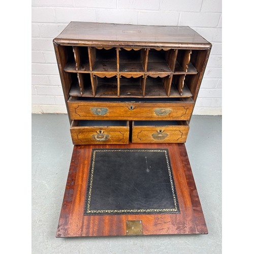 287 - A 19TH CENTURY CAMPAIGN OAK TABLETOP WRITING CABINET,

60cm x 60cm x 33cm 

The fall front opening t... 