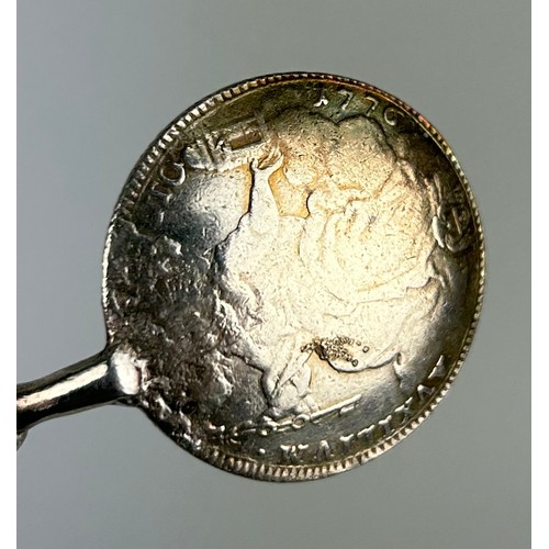 54 - A PAPAL SILVER 1777 1/2 SCUDO MOUNTED AS A SPOON WITH ROPE TWIST HANDLE AND RAMS HEAD END

24gms