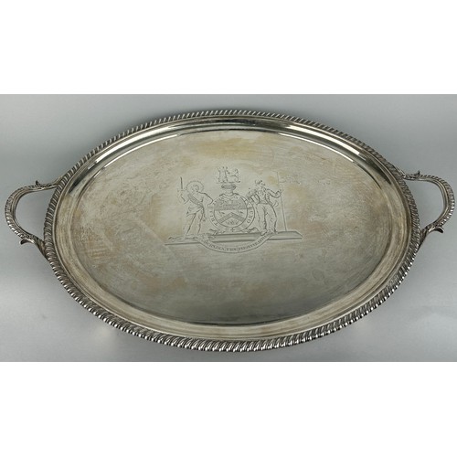 2 - A GEORGE III SILVER TRAY,

Marked for John Mewburn, London, 1813. 

Weight: 2665gms.

59.5cm x 39.5c...