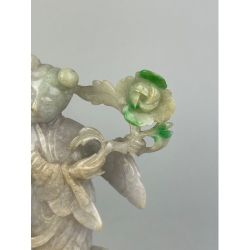 117 - A JADEITE FIGURE OF A GIRL HOLDING A FLOWER, 

13cm x 8cm 

Mounted on a later rosewood stand.