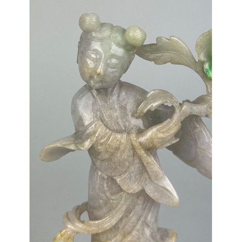 117 - A JADEITE FIGURE OF A GIRL HOLDING A FLOWER, 

13cm x 8cm 

Mounted on a later rosewood stand.