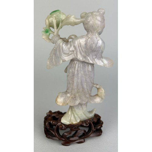 117 - A JADEITE FIGURE OF A GIRL HOLDING A FLOWER, 

13cm x 8cm 

Mounted on a later rosewood stand.