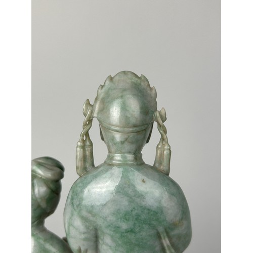 116 - A FINE PAIR OF JADEITE MALE AND FEMALE FIGURES 19TH CENTURY, 

The figures 20cm x 11cm. 

Mounted on... 