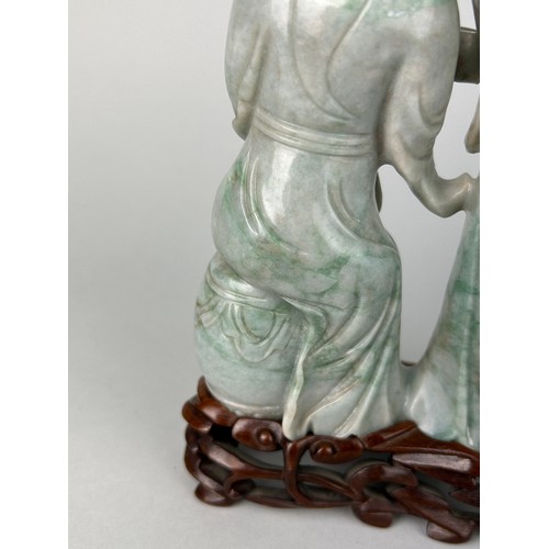 116 - A FINE PAIR OF JADEITE MALE AND FEMALE FIGURES 19TH CENTURY, 

The figures 20cm x 11cm. 

Mounted on... 