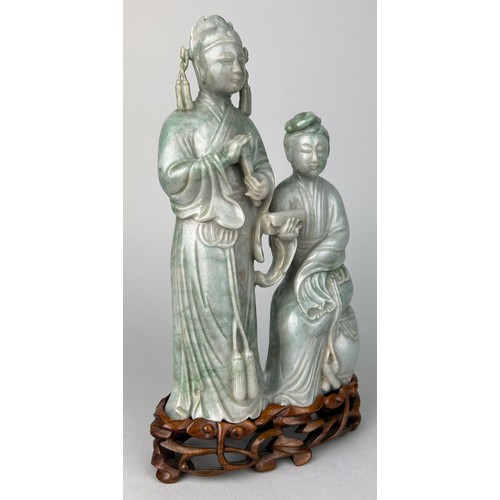 116 - A FINE PAIR OF JADEITE MALE AND FEMALE FIGURES 19TH CENTURY, 

The figures 20cm x 11cm. 

Mounted on... 