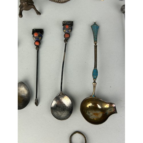 52 - A COLLECTION OF ASIAN SILVER SPOONS, PINS, CHARMS AND OTHER ITEMS,

To include a blue enamelled spoo... 