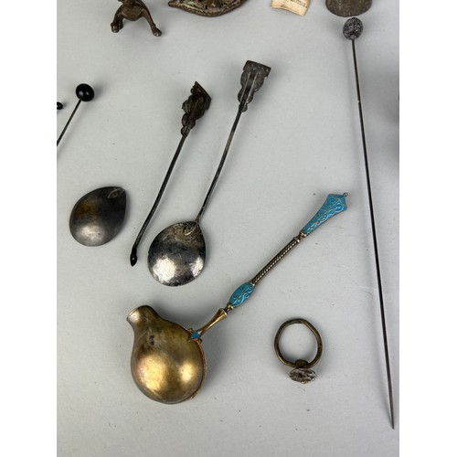 52 - A COLLECTION OF ASIAN SILVER SPOONS, PINS, CHARMS AND OTHER ITEMS,

To include a blue enamelled spoo... 