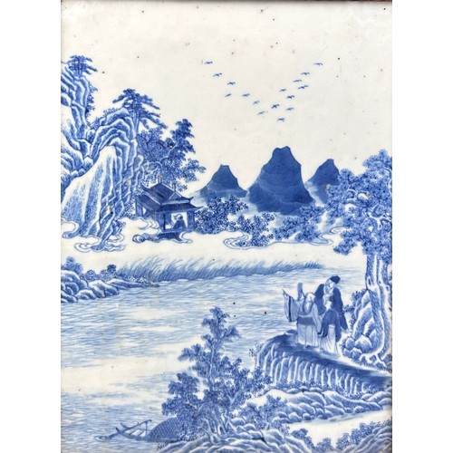 145 - A CHINESE 19TH CENTURY  BLUE AND WHITE PAINTED PORCELAIN PANEL DEPICTING FU LU SHOU BESIDE A RIVER W... 