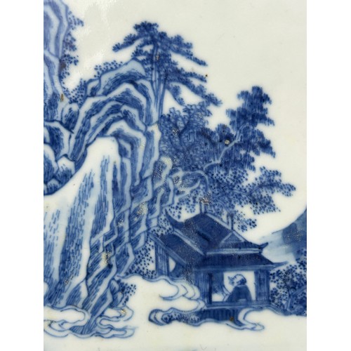 145 - A CHINESE 19TH CENTURY  BLUE AND WHITE PAINTED PORCELAIN PANEL DEPICTING FU LU SHOU BESIDE A RIVER W... 