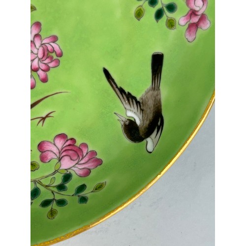 140 - A CHINESE DISH GREEN ENAMELLED WITH MAGPIES AND FLOWERS GUANGXU SIX CHARACTER MARK (1875-1908)