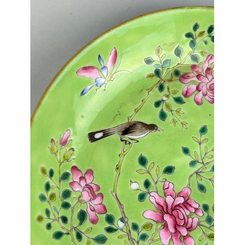 140 - A CHINESE DISH GREEN ENAMELLED WITH MAGPIES AND FLOWERS GUANGXU SIX CHARACTER MARK (1875-1908)