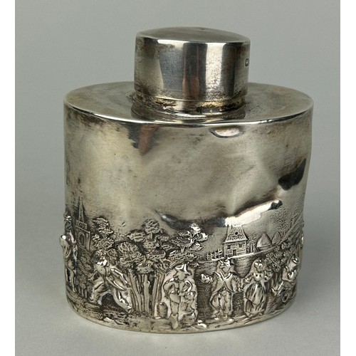 8 - AN ENGLISH SILVER TEA CADDY DECORATED WITH A RURAL VILLAGE FETE SCENE AND FIGURES DANCING, 

Weight ... 