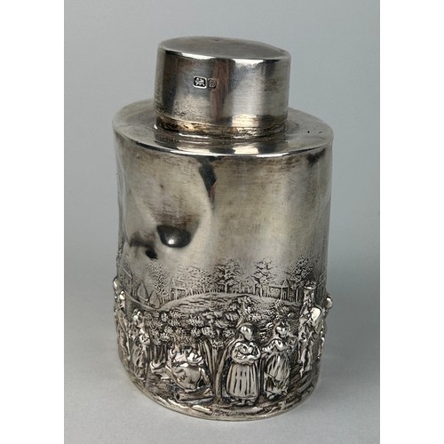 8 - AN ENGLISH SILVER TEA CADDY DECORATED WITH A RURAL VILLAGE FETE SCENE AND FIGURES DANCING, 

Weight ... 