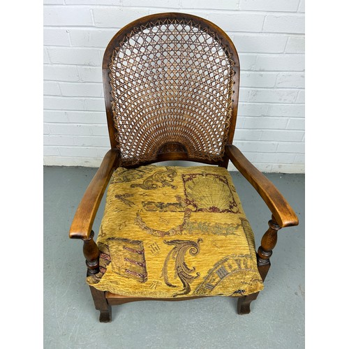 483 - A SMALL ARMCHAIR WITH CANED BACK,

87cm x 52cm x 50cm