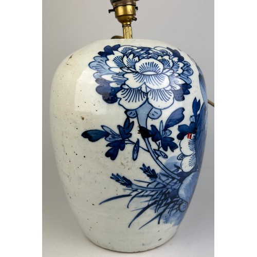 131 - A CHINESE BLUE AND WHITE VASE MOUNTED AS A LAMP REPUBLIC PERIOD,

Decorated with flowers and birds.