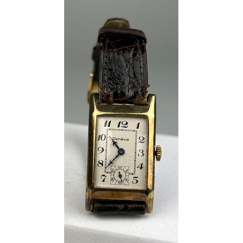 68 - A GENEVE WRISTWATCH MARKED 585, 

With brown leather strap.