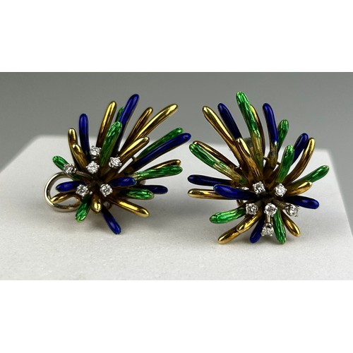 90 - A PAIR OF 1970'S LEAF DESIGN 18CT GOLD AND ENAMEL EACH SET WITH SIX DIAMONDS, 

Total weight: 23.5gm... 