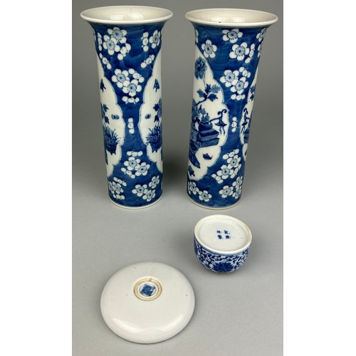 139 - A PAIR OF CHINESE KANGXI STYLE SLEEVE VASES WITH PRUNUS FLOWERS AND PAINTED PANELS,

The vases 26cm ... 