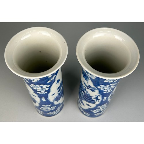 139 - A PAIR OF CHINESE KANGXI STYLE SLEEVE VASES WITH PRUNUS FLOWERS AND PAINTED PANELS,

The vases 26cm ... 