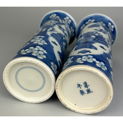 139 - A PAIR OF CHINESE KANGXI STYLE SLEEVE VASES WITH PRUNUS FLOWERS AND PAINTED PANELS,

The vases 26cm ... 