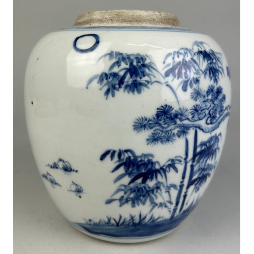 146 - A CHINESE GINGER JAR BLUE AND WHITE PAINTED WITH FOLIAGE, 

18cm x 16cm