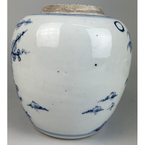 146 - A CHINESE GINGER JAR BLUE AND WHITE PAINTED WITH FOLIAGE, 

18cm x 16cm