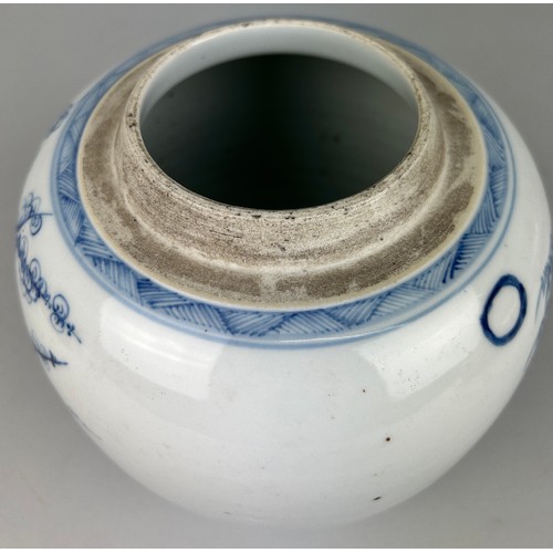 146 - A CHINESE GINGER JAR BLUE AND WHITE PAINTED WITH FOLIAGE, 

18cm x 16cm