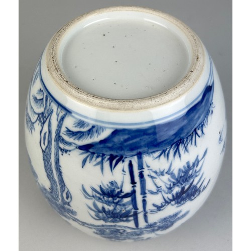 146 - A CHINESE GINGER JAR BLUE AND WHITE PAINTED WITH FOLIAGE, 

18cm x 16cm