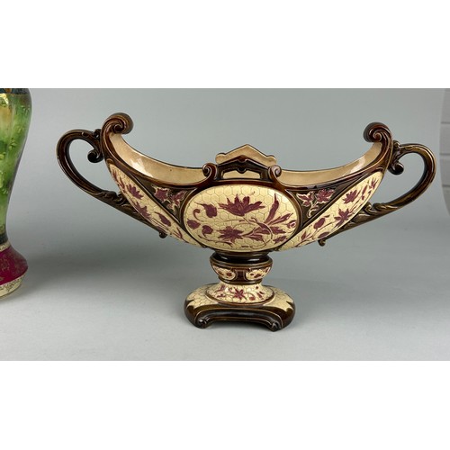 179 - A PAIR OF EUROPEAN PORCELAIN VASES WITH PAINTED SCENES, 

Along with another pedestal vase. 

The po... 