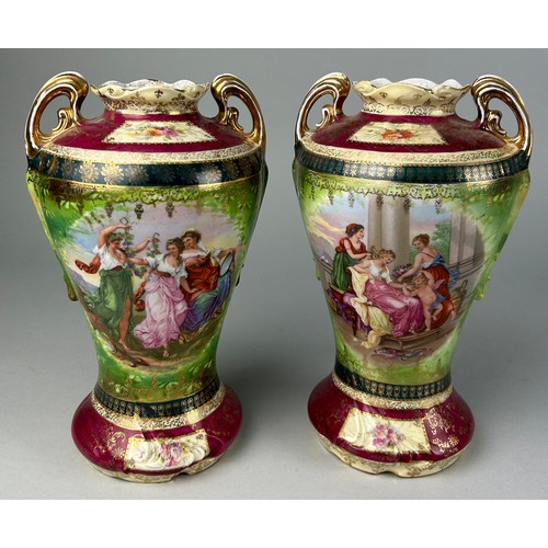 179 - A PAIR OF EUROPEAN PORCELAIN VASES WITH PAINTED SCENES, 

Along with another pedestal vase. 

The po... 