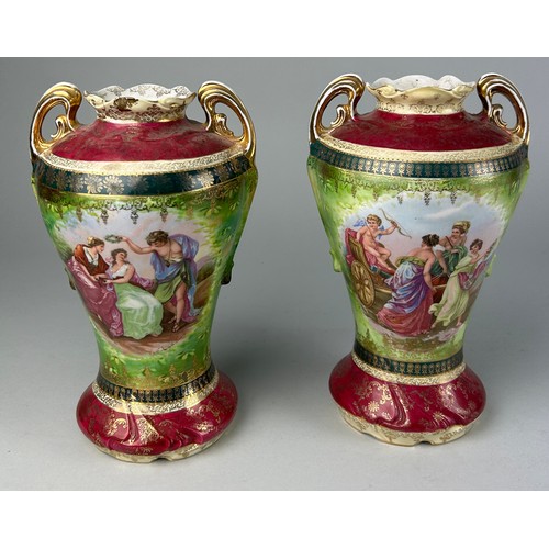 179 - A PAIR OF EUROPEAN PORCELAIN VASES WITH PAINTED SCENES, 

Along with another pedestal vase. 

The po... 