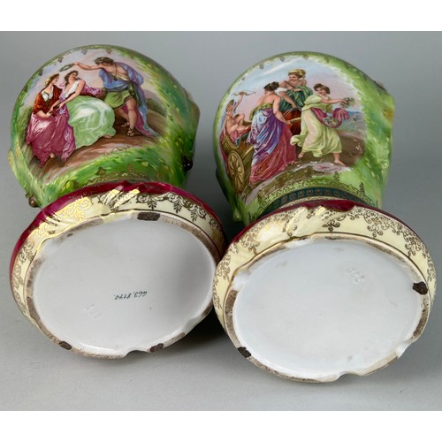 179 - A PAIR OF EUROPEAN PORCELAIN VASES WITH PAINTED SCENES, 

Along with another pedestal vase. 

The po... 