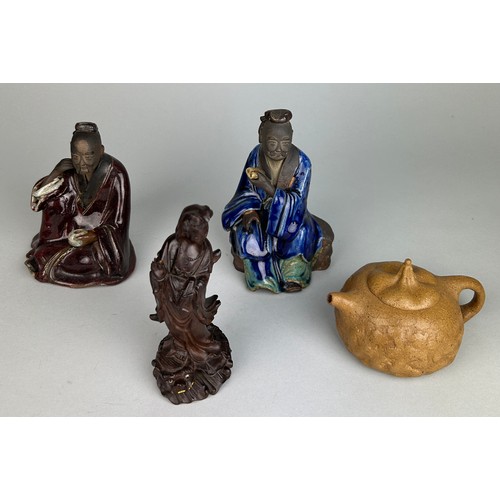 114 - CHINESE POTTERY FIGURES A WOODEN GUANYIN AND A YIXING TEA POT (4),