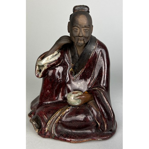 114 - CHINESE POTTERY FIGURES A WOODEN GUANYIN AND A YIXING TEA POT (4),