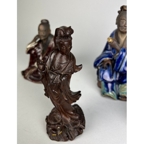 114 - CHINESE POTTERY FIGURES A WOODEN GUANYIN AND A YIXING TEA POT (4),