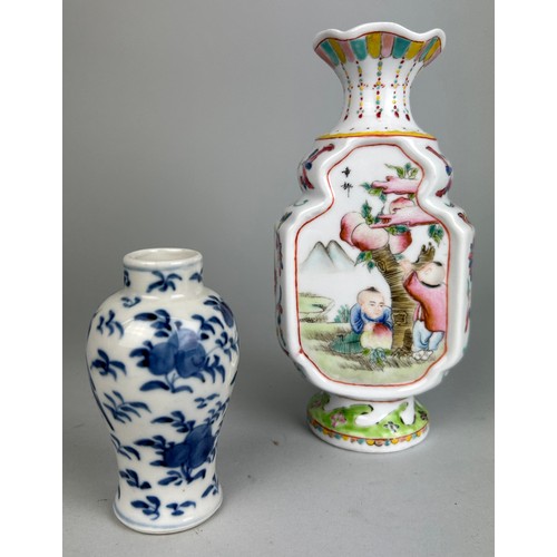 136 - TWO CHINESE VASES (2),

One blue an white, the other decorated with boys an flowers.