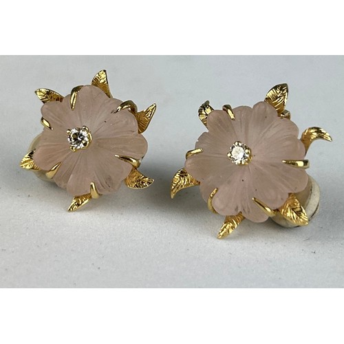 77 - A PAIR OF PINK QUARTZ AND 18CT GOLD FLORAL EARRINGS EACH WITH CENTRAL CLAW SET DIAMOND,

Total weigh... 