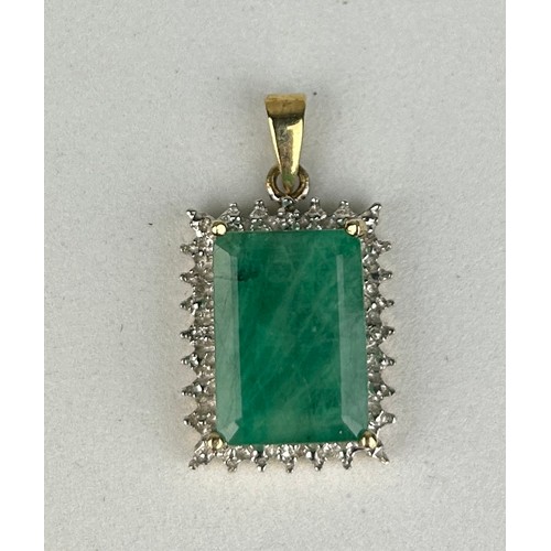 91 - A NATURAL NO HEAT EMERALD PENDANT SET IN GOLD AND SURROUNDED BY SMALL DIAMONDS, 

Weight 4.0gms.

2.... 