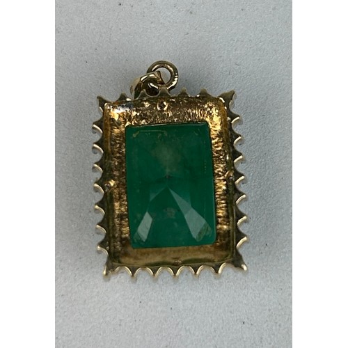 91 - A NATURAL NO HEAT EMERALD PENDANT SET IN GOLD AND SURROUNDED BY SMALL DIAMONDS, 

Weight 4.0gms.

2.... 