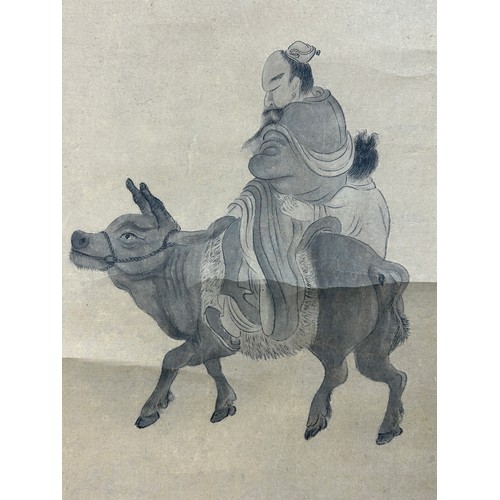 153 - A CHINESE SCROLL PAINTED WITH A MAN RIDING A MULE, 

228cm L x 46cm W