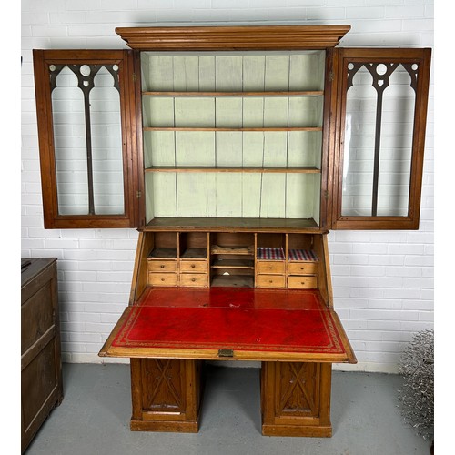 504 - A CONTINENTAL PINE 19TH CENTURY GOTHIC DESIGN BUREAU BOOKCASE OR SECRETAIRE, 

215cm H x 105cm W x 5... 