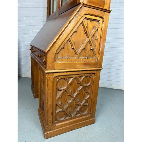 504 - A CONTINENTAL PINE 19TH CENTURY GOTHIC DESIGN BUREAU BOOKCASE OR SECRETAIRE, 

215cm H x 105cm W x 5... 